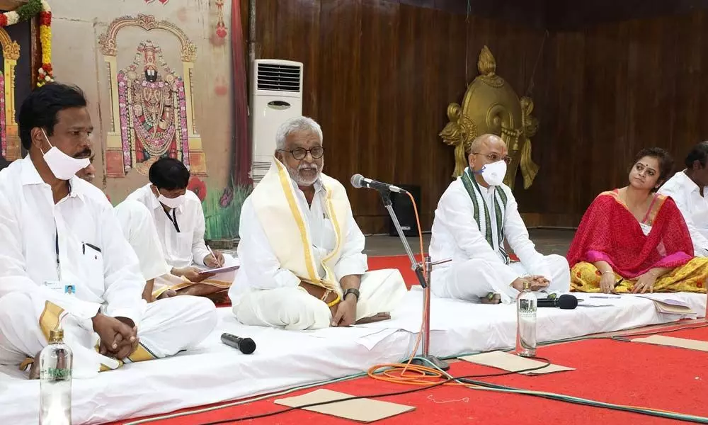 TTD Chairman Y V Subba Reddy and EO Dr K S Jawahar Reddy addressing Srivari Sevaks meeting ahead of Vaikunta Ekadasi, in Tirumala on Thursday.