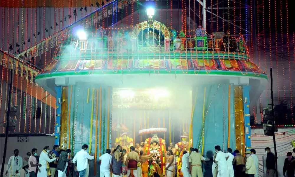Lord Rama, His Consort Sita and Lakshmana at Uttara Dwaram at Bhadradri temple on Friday