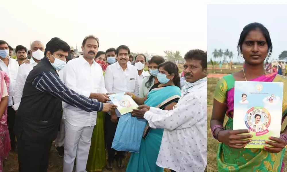 Health Minister Alla Nani distributing house site pattas to beneficiaries near Eluru on Friday (Left); A beneficiary with the house site patta document (Right)