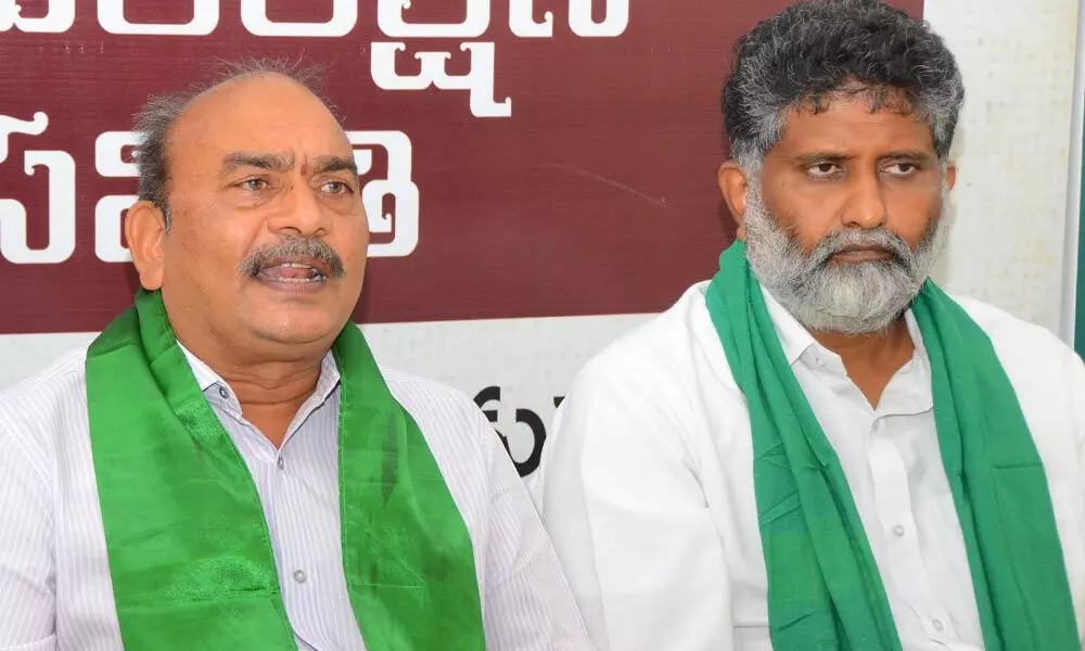 Amaravati Parirakshana Samiti leaders A Siva Reddy and G Tirupati Rao addressing the media in Vijayawada on Saturday