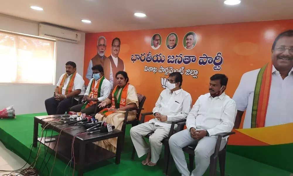 BJP national general secretary D Purandeswari speaking to the media in Visakhapatnam on Saturday