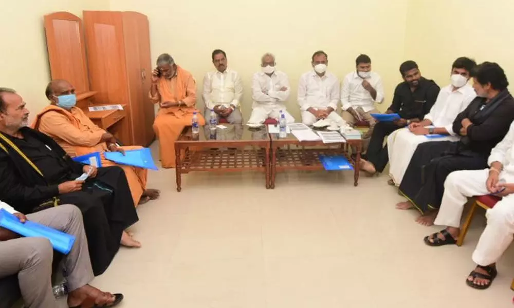 YSRCP Chittoor district in-charge Y V Subba Reddy holding a meeting with party leaders in Tirupati on Sunday