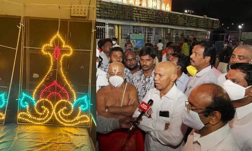 Purna Kalash decoration on Tirumala temple wall morphed as Christian ‘cross.’  TTD Additional EO  A V Dharma Reddy speaking to media in Tirumala on Monday
