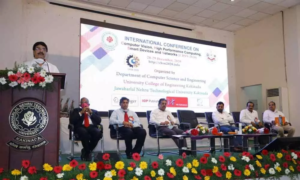 Andhra Pradesh State Council of Higher Education Chairman K Hemachandra Reddy addressing an international conference at JNTU-K campus in Kakinada on Monday