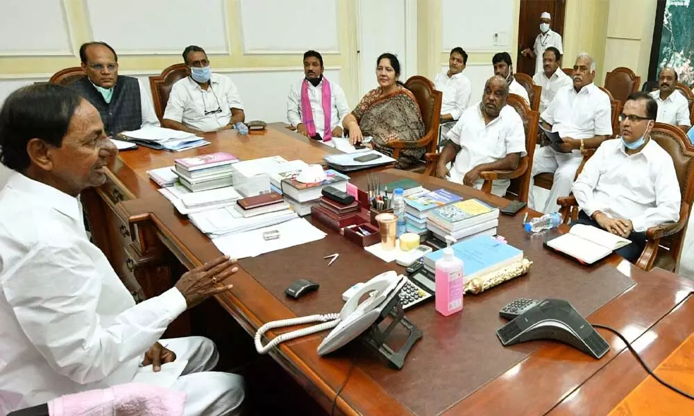 Chief Minister K Chandrashekhar Rao holding a meeting with top irrigation officials at Pragathi Bhavan on Monday