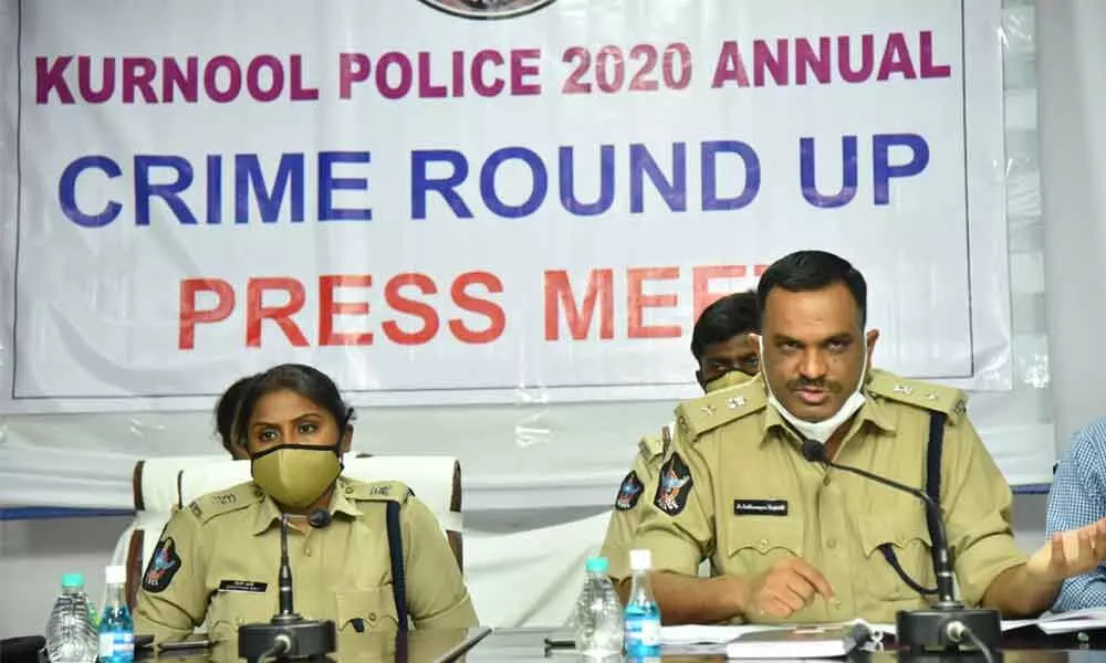 Superintendent of Police Dr Fakkeerappa Kaginelli addressing media on Annual Crime Round Up in Kurnool on Monday. Additional SP Gowathami Sali and other officials are also seen