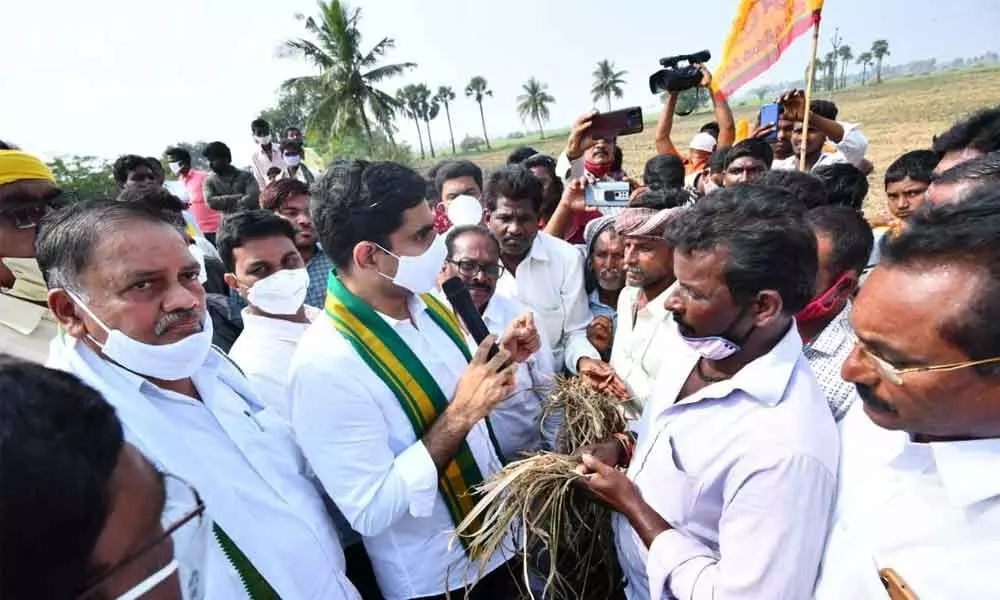 TDP national general secretary Nara Lokesh interacting with farmers at  a rain-affected village in Krishna district on Monday
