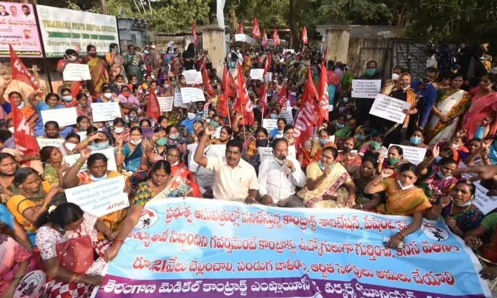 Contract medical staff protest for pay hike