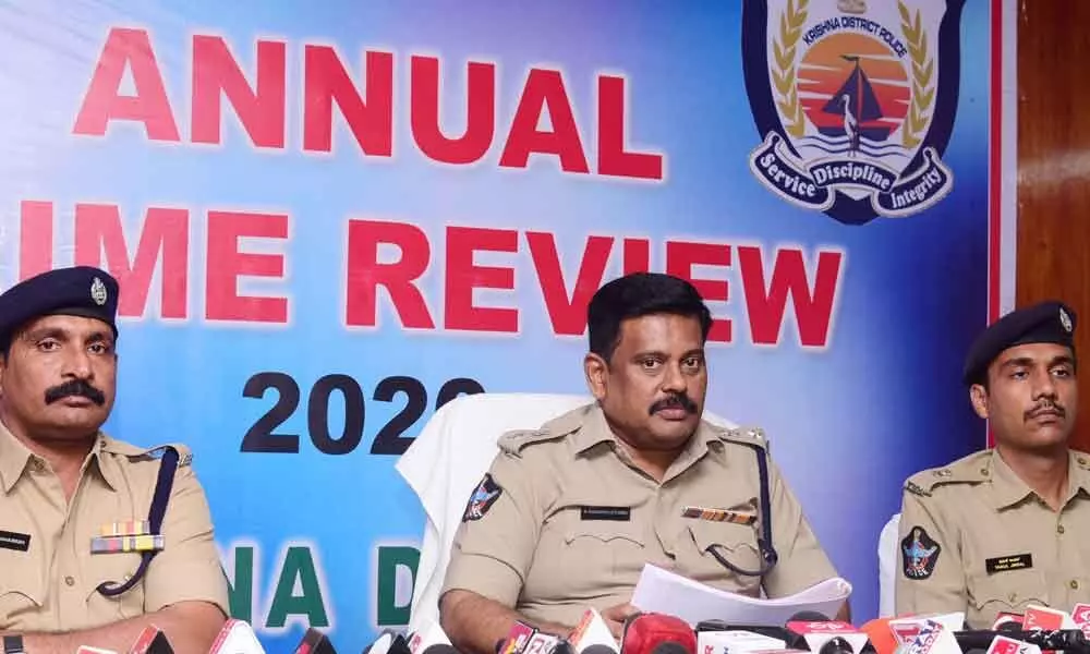 Krishna district Superintendent of Police M Ravindranath Babu addressing annual crime review press meet in Machilipatnam on Tuesday