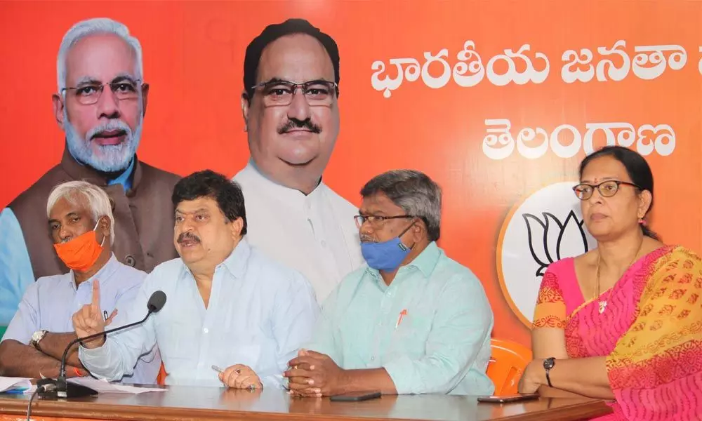 BJP MLC N Ramchander Rao addressing the media at the party office in Hyderabad on Wednesday