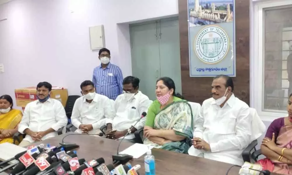 Ministers Satyavathi Rathod and Ajay Kumar speaking to the media persons in Kothagudem on Wednesday