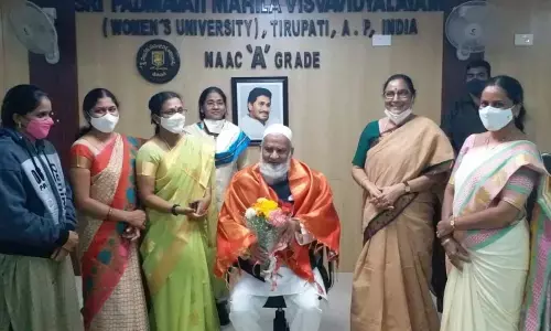 3 SPMVV V-C Prof D Jamuna, Prof D M Mamatha, Prof K Madhu Jyothi and others felicitating Legislative Council Committee Chairman Mohammed Ahmed Shariff in Tirupati on Wednesday