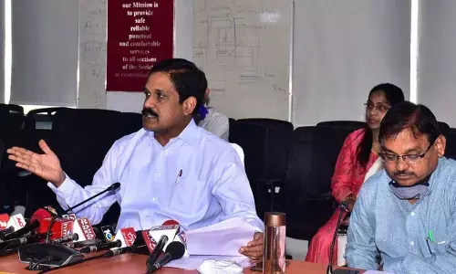 APSRTC Managing Director M T Krishna Babu addressing the media at RTC Bhavan in Vijayawada on Wednesday