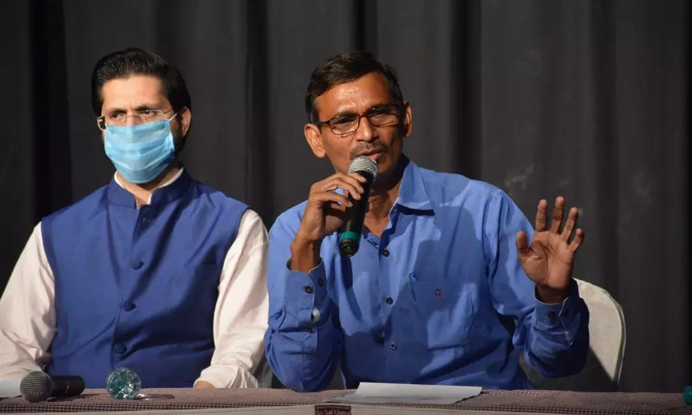 VMRDA Commissioner P Koteswara Rao speaking at a press conference in Visakhapatnam on Thursday.