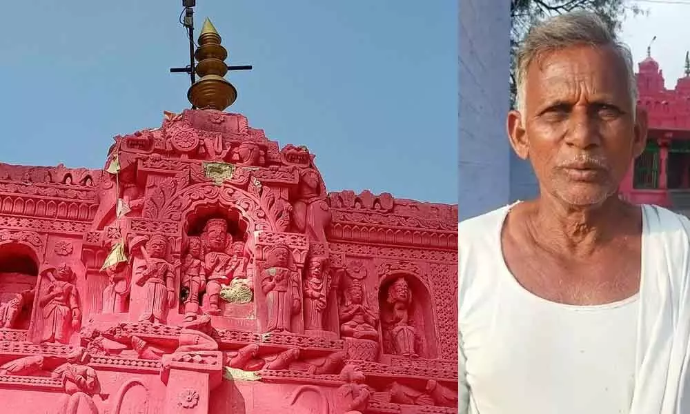 The idols allegedly damaged on the gopuram of Anjaneya Swamy temple  (Inset)  temple priest Sriramulu