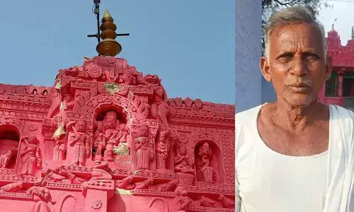 The idols allegedly damaged on the gopuram of Anjaneya Swamy temple  (Inset)  temple priest Sriramulu