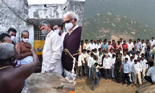 TDP president N Chandrababu Naidu at Kodandarama Temple in Ramatheertham town of Vizianagaram district on Saturday. (L) YSRCP leader V Vijayasai Reddy along with his supporters