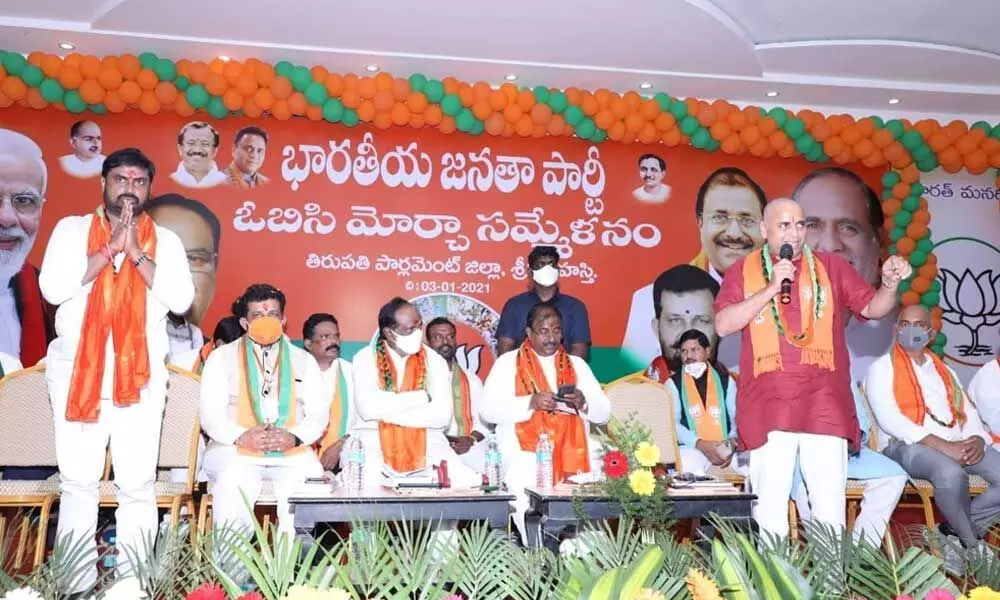 BJP leader Sunil Deodhar addressing a meeting in Tirupati on Sunday