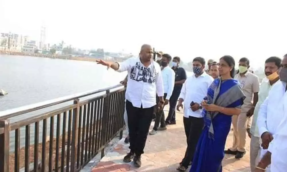 Sabitha inspects Meerpet lake beautification works
