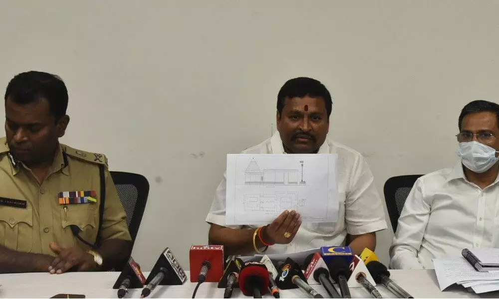 Endowments Minister Vellampalli Srinivas speaking at a review meeting of Endowments and Police Departments in Vijayawada on Monday