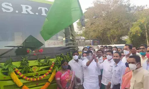 ZP Chairman L Kamal Raj and MLA Mallu Bhatti Vikramarka flagging off new AC bus service at Madhira