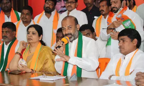 State BJP chief Bandi Sanjay Kumar addressing the media in Hyderabad on Monday