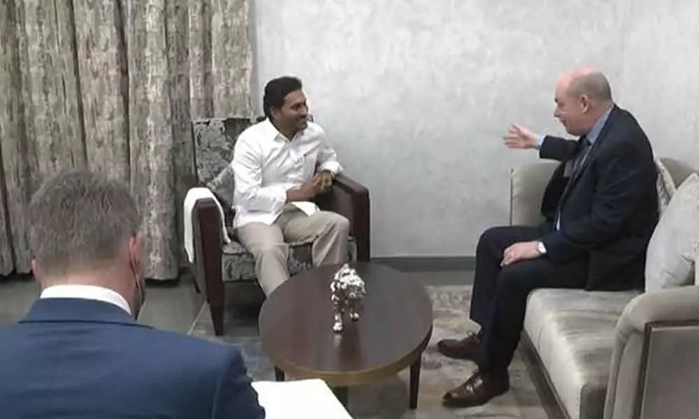 US Consul General Joel Reifman interacting with Chief Minister at his Camp office in Tadepalli on Tuesday
