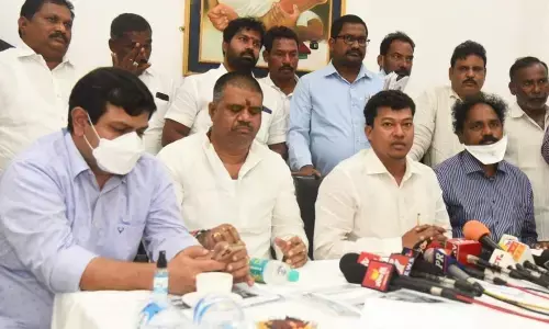 Fisheries Minister S Appalaraju and Tourism Minister Muttamsetti Srinivasa Rao addressing the media in Visakhapatnam on Tuesday