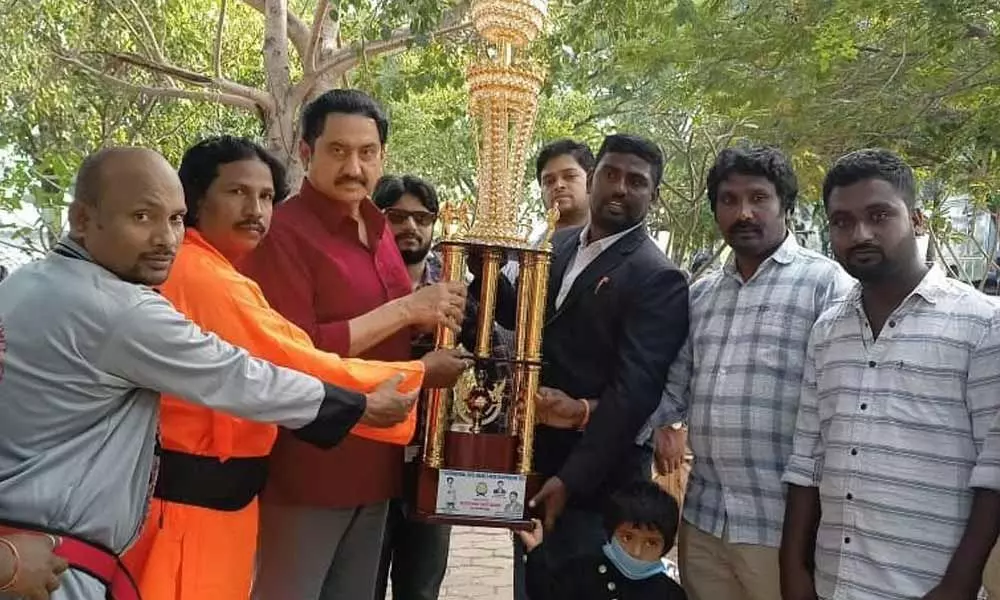 Tollywood actor Suman launching Karate Championship Trophy for the upcoming International E-Kata Championship to be held in Hyderabad