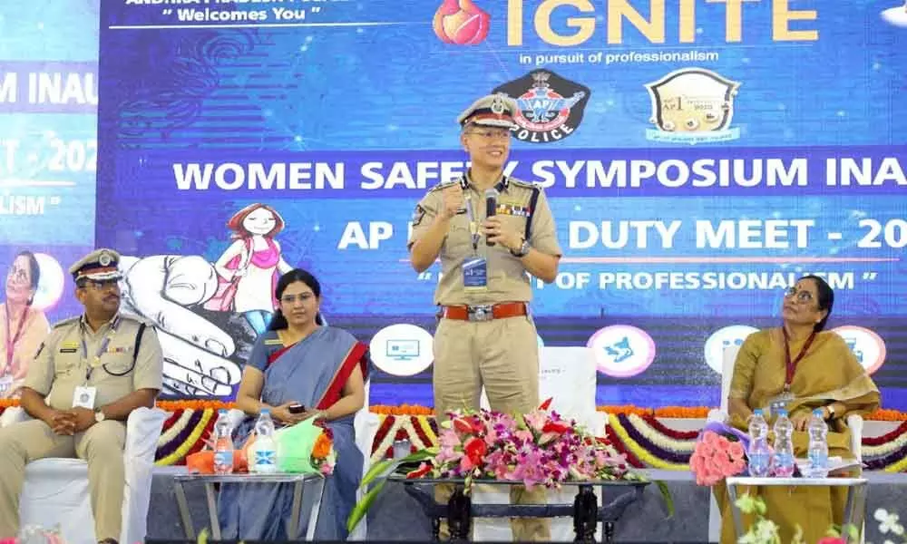 DGP D Gautam Sawang addressing a meet on Disha Act at AP Police Duty Meet in Tirupati on Wednesday