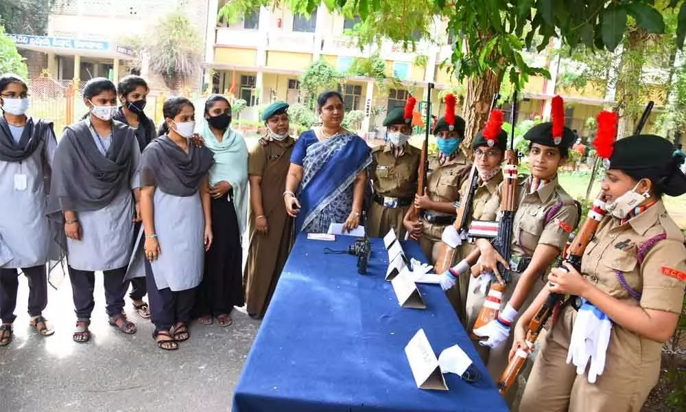 NCC students of PB Siddhartha College of Arts & Science participating in the Defence exhibition in Vijayawada on Wednesday