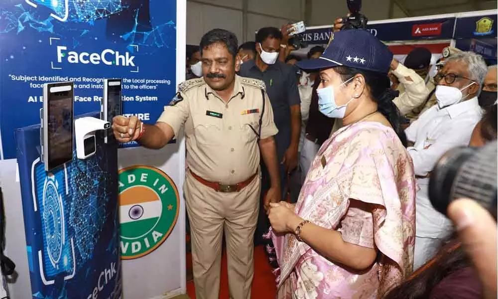 Home Minister M Sucharitha visiting the stalls at IGNITE Police Duty Meet at Tirupati on Thursday