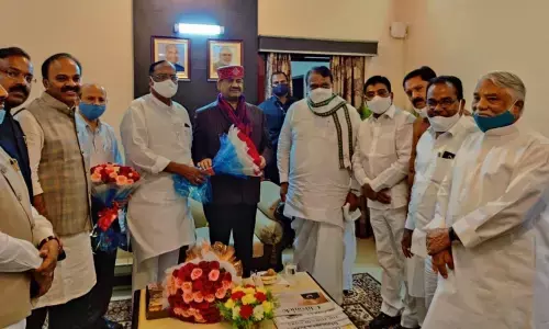 TRS MPs led by Parliamentary party leader K Keshava Rao, Telangana Assembly Speaker P Srinivas Reddy and Legislative Council Chairman G Sukhendar Reddy calling on the Lok Sabha Speaker Om Birla in Hyderabad on Thursday