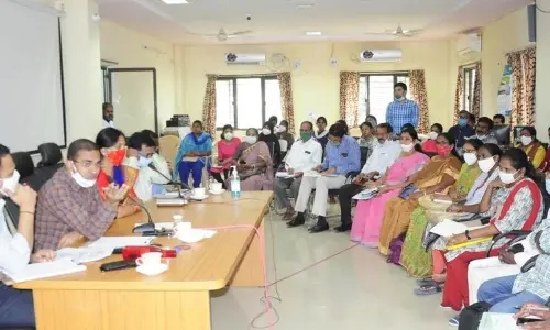 District Collector Musharraf Ali Farooqui speaking at a Covid task force committee meeting at Nirmal Collectorate on Thursday