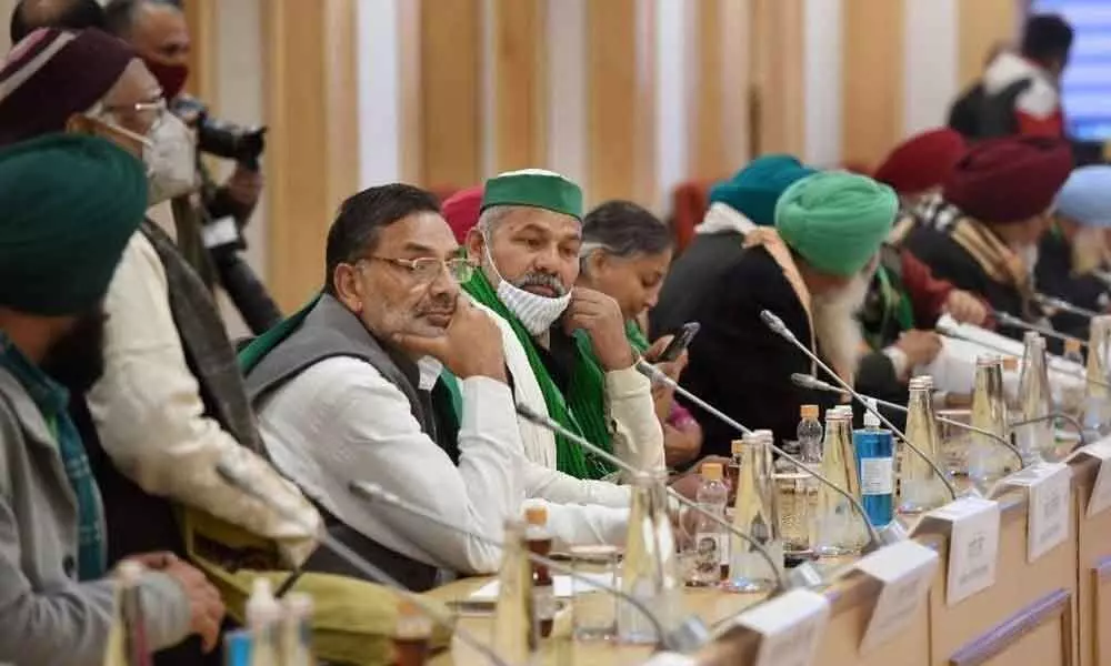 Farmers leaders during the eighth round of talks with the Centre over the three contentious agri laws, at New Delhis Vigyan Bhawan, on Friday