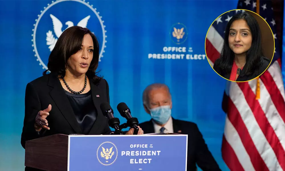 President-elect Joe Biden listens as Vice President-elect Kamala Harris speaks during an event at The Queen theater in Wilmington on Thursday to announce key nominees for the Justice Department. (Inset)  Vanita Gupta