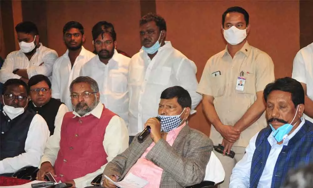 Union Minister of State for Social Justice and Empowerment Ramdas Athawale addressing a press conference  in Hyderabad on Saturday