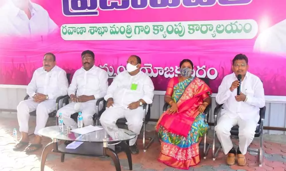 TRS MLAs and MLCs speaking in the party office at Khammam on Saturday