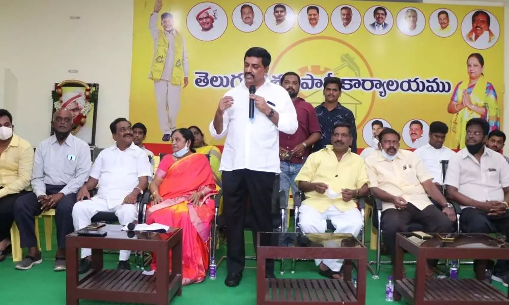 TDP national general secretary N Kishore Kumar Reddy addressing the party rank and file at the party office in Tirupati on Saturday