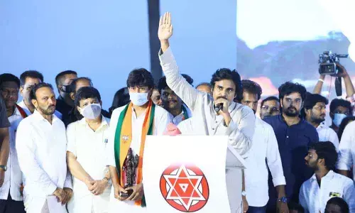 Jana Sena president Pawan Kalyan addressing a public meeting  at Kothapakalu village in East Godavari district on Saturday