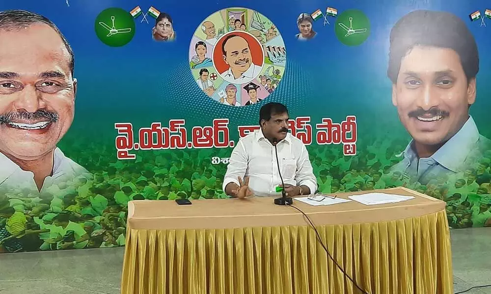 Minister for Municipal Administration and Urban Development Botcha Satyanarayana speaking at a press conference in Visakhapatnam on Sunday