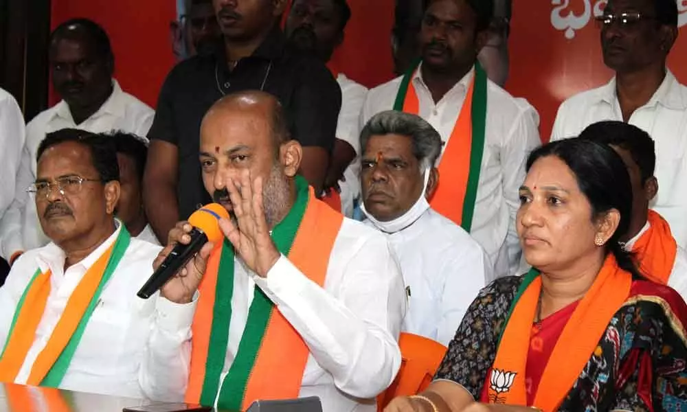 Telangana BJP chief Bandi Sanjay Kumar addressing a press conference in Hyderabad on Sunday