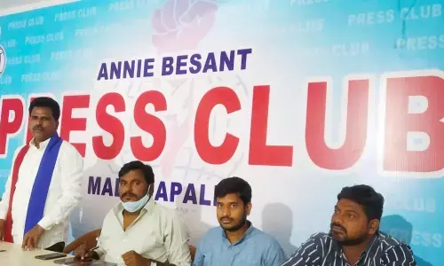 MJSS convenor P T M Sivaprasad addressing media in Madanapalle on Sunday