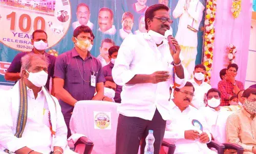 Transport Minister P Ajay Kumar speaking at a meeting after inaugurating development works in Khammam on Sunday