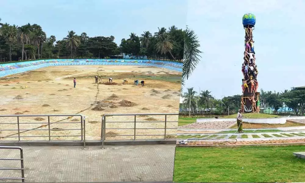 Boating facility work in progress  at VUDA Park in Visakhapatnam  (Right) A colorfully painted ‘Stupa’ at  VUDA Park in Visakhapatnam