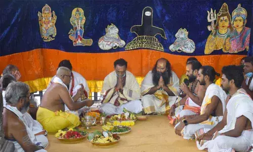Temple staff, archakas and pundits perform Veda swasti at yagasala as a symbol of starting Sankranti Brahmotsavams at Srisailam temple on Monday