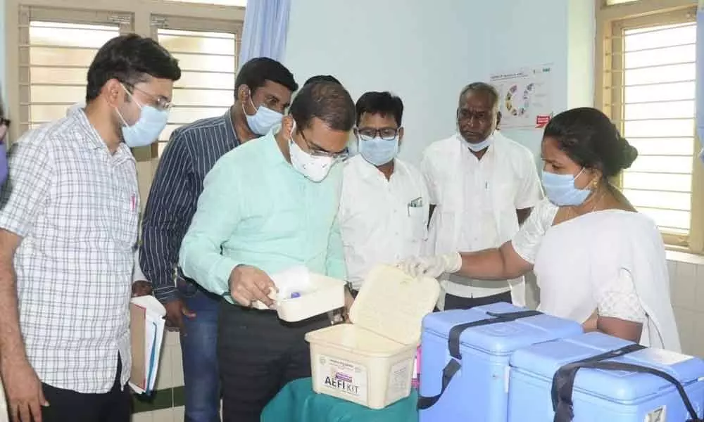 District Collector Musharraf Ali Farooqui checking arrangements at Covid vaccination centre in Nirmal on Tuesday