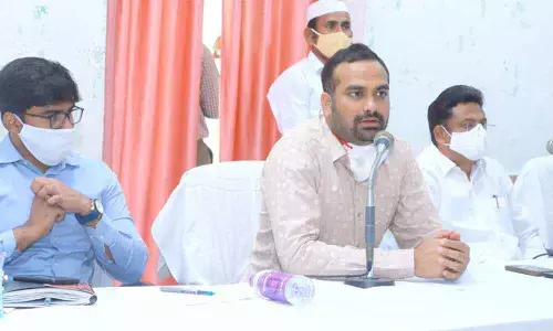 District Collector RV Karnan speaking at Covid-19 vaccination district-level coordination meeting in Khammam