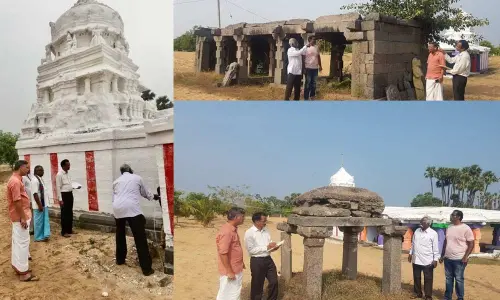 Dr Emani Sivanagireddy explaining the content of an inscription at the Rama temple in Motupalli on Tuesday