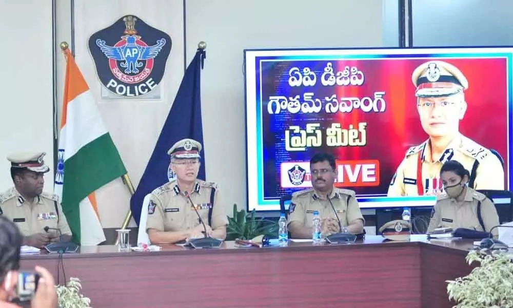 DGP D Gautam Sawang and other officials addressing a press conference on temples at DGP office  Mangalagiri on Friday